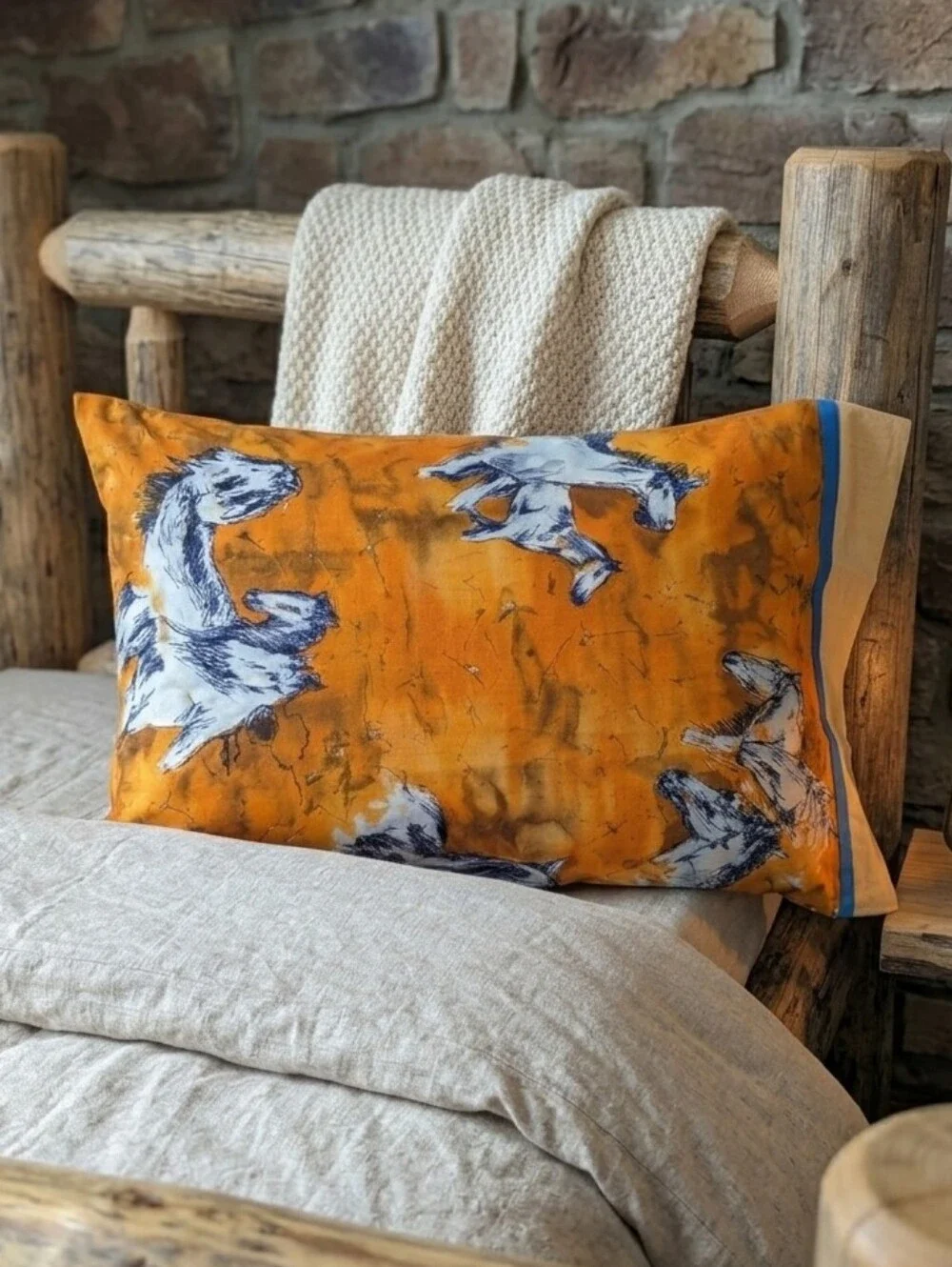 Handmade Vintage Horse Pillowcase Watercolor Print Standard Size Orange Blue